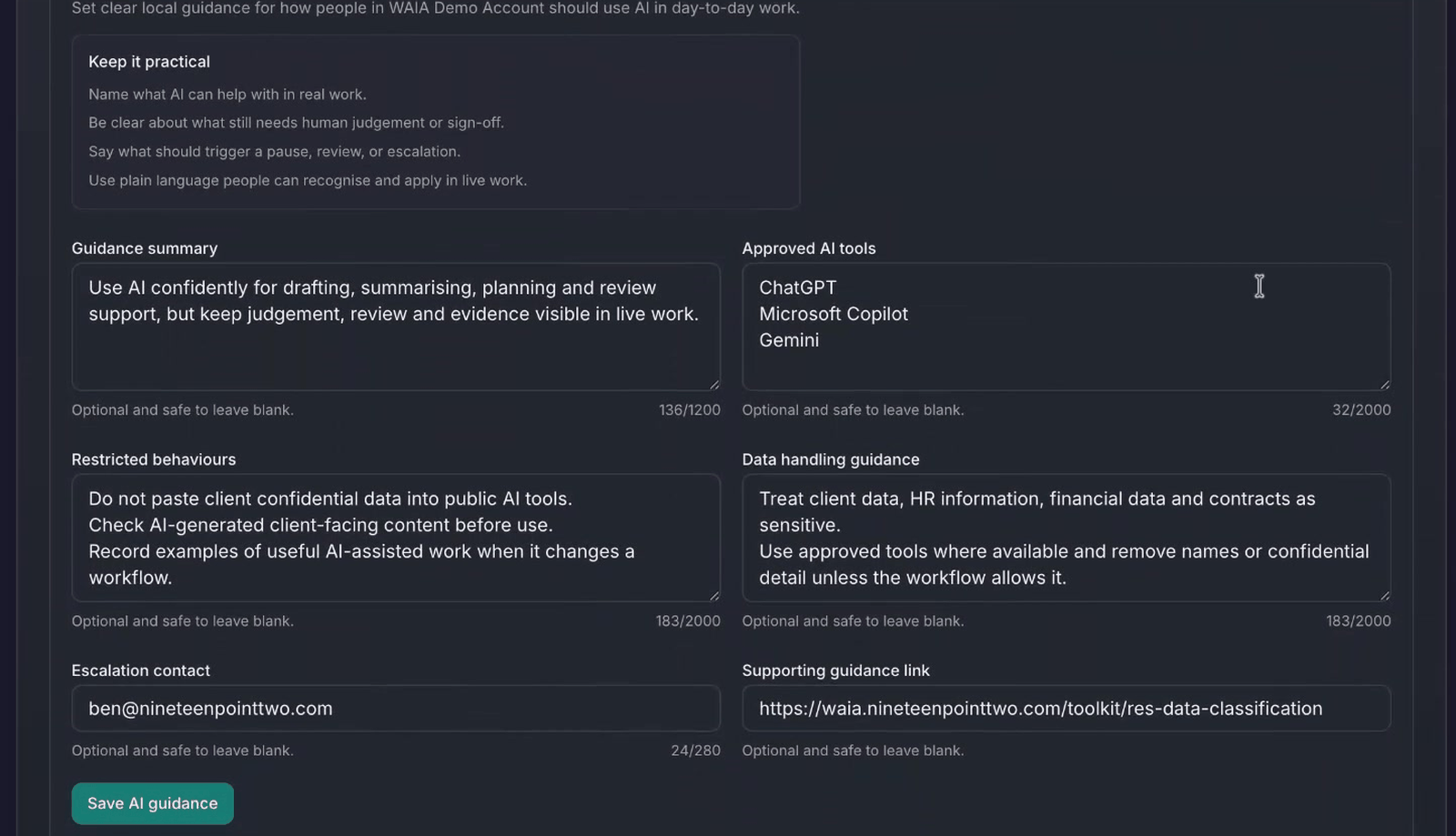WAIA organisation guidance screen showing approved tools and data handling guidance