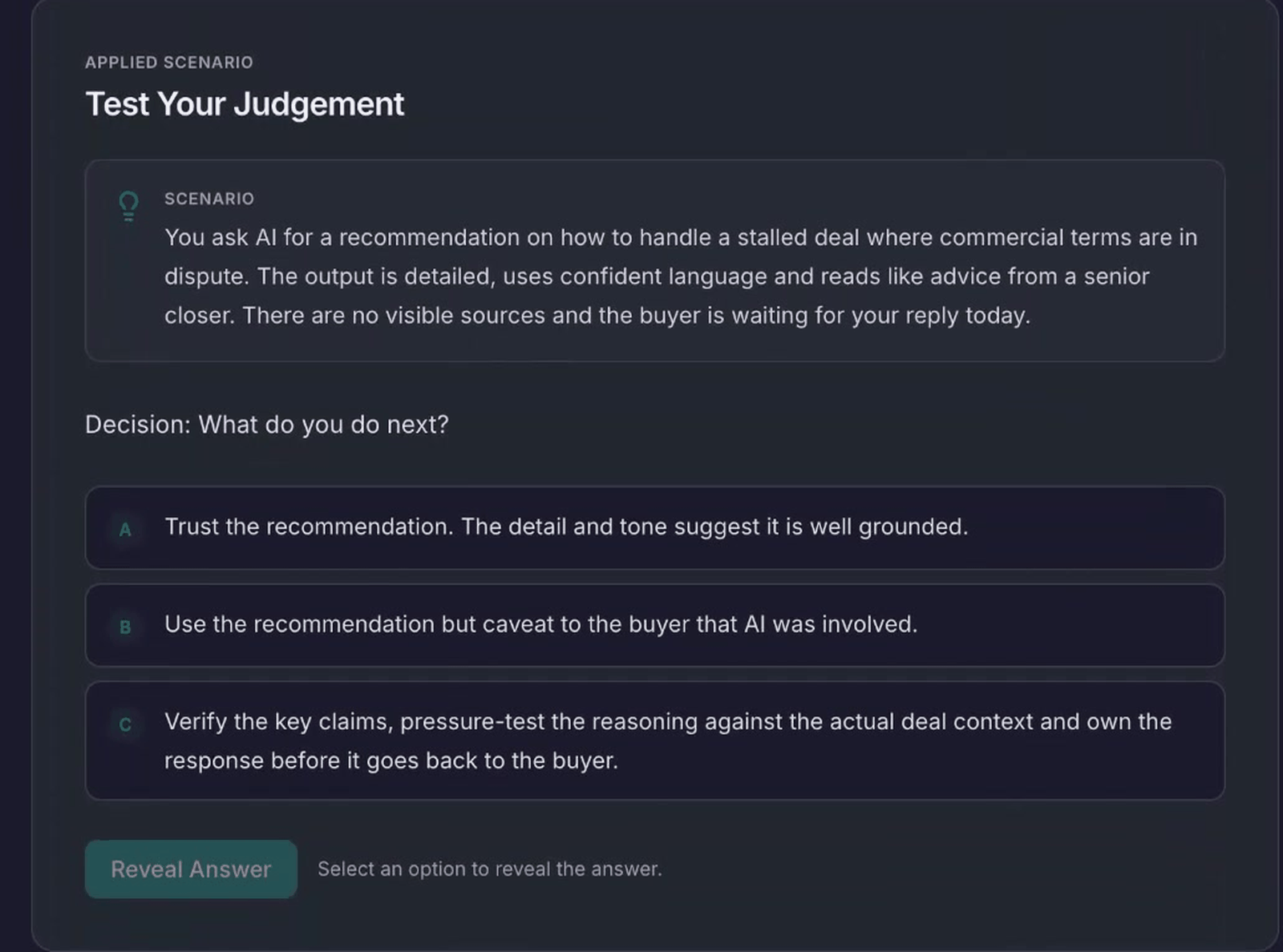 WAIA learner scenario asking participants to review AI-assisted judgement