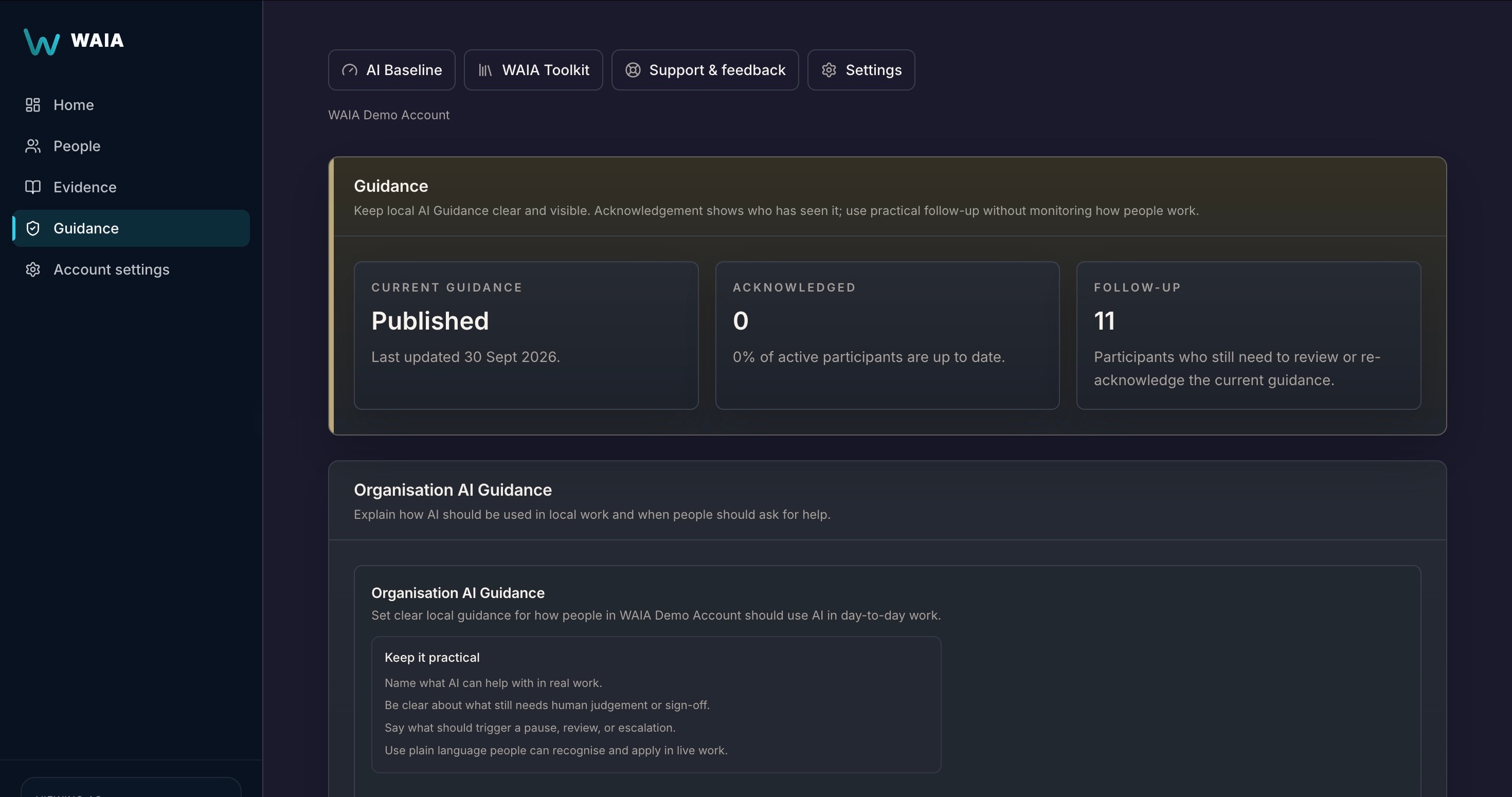 WAIA Guidance view showing published organisation AI guidance and participants who still need to acknowledge it.