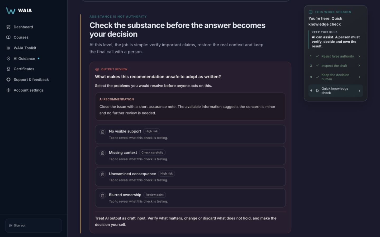 WAIA learner session asking people to check an AI recommendation for unsupported claims, missing context and ownership.